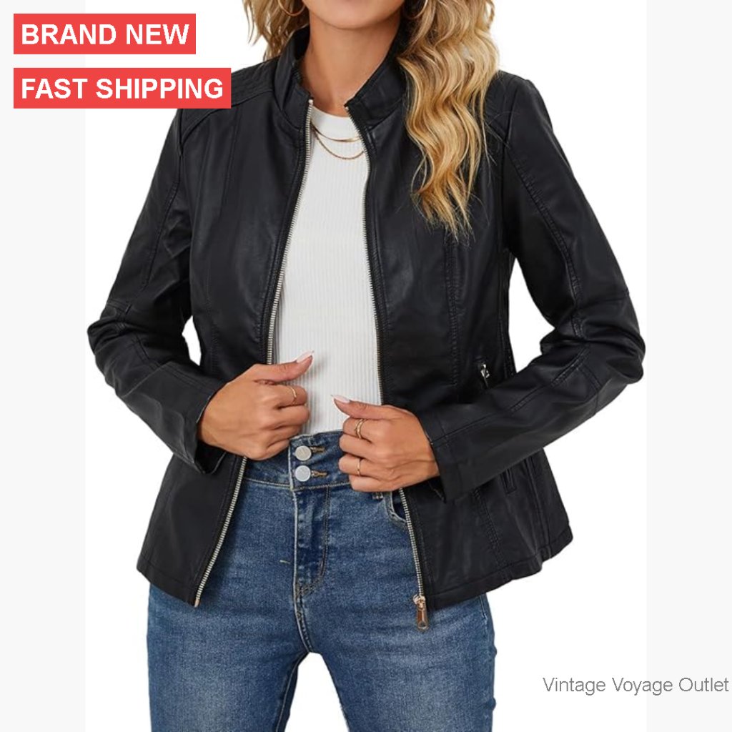 Faux Leather Moto Jacket With Quilted Design And Zipper Pockets